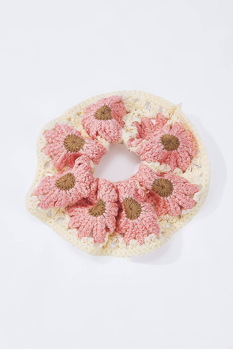 Scrunchie med elastik og hæklede blomster, 12 cm