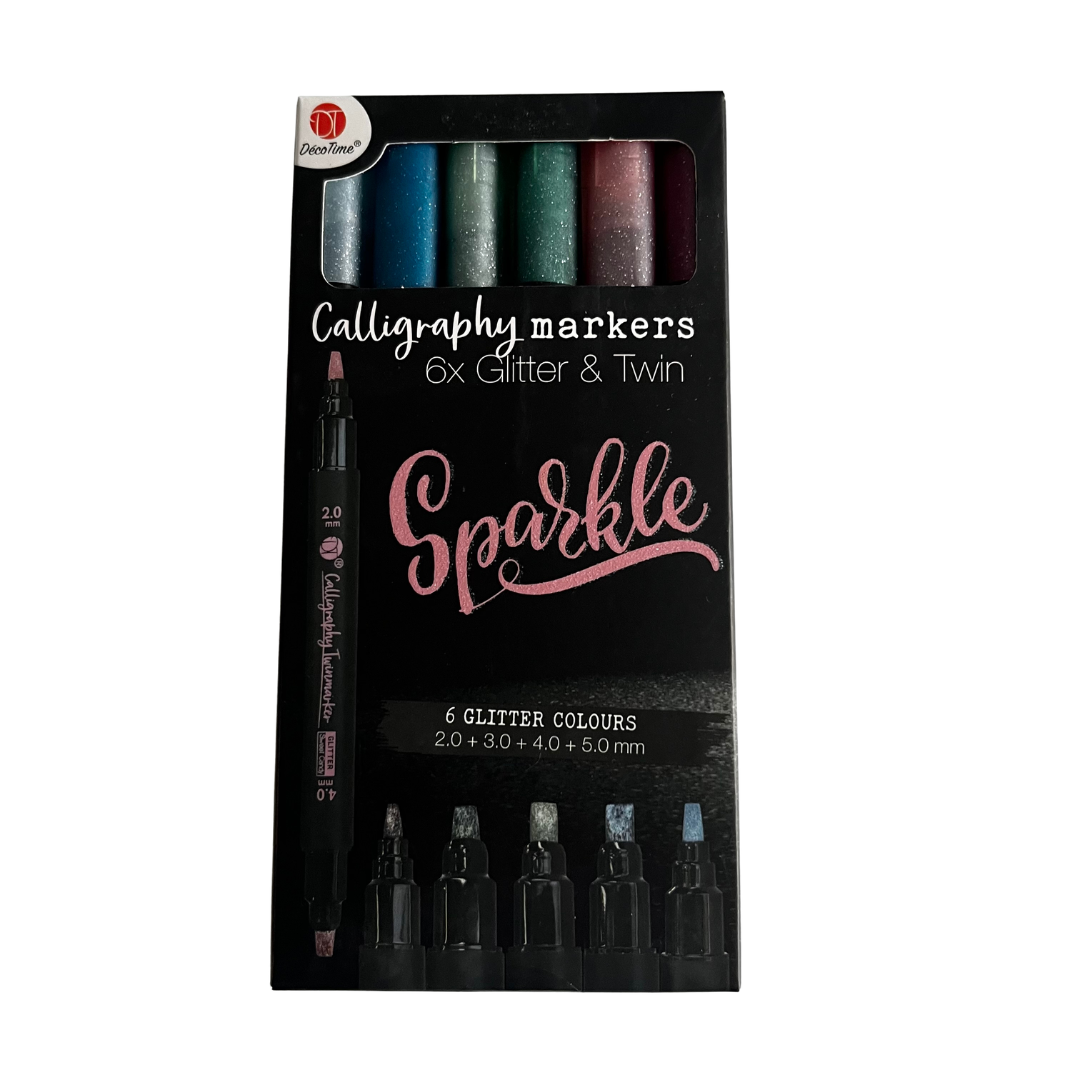 Kalligrafi markers med glitter – 6 stk.