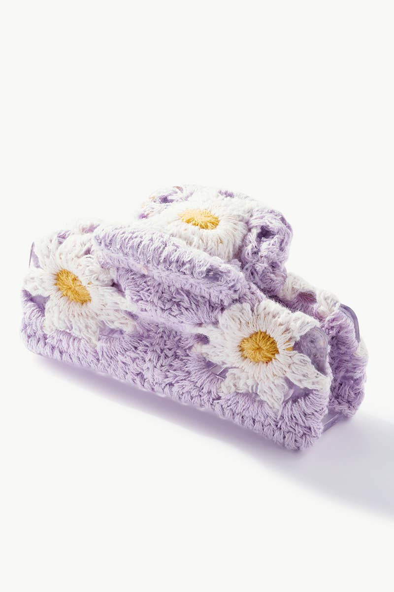 Hårklemme med hæklede blomster 11 cm Lilla