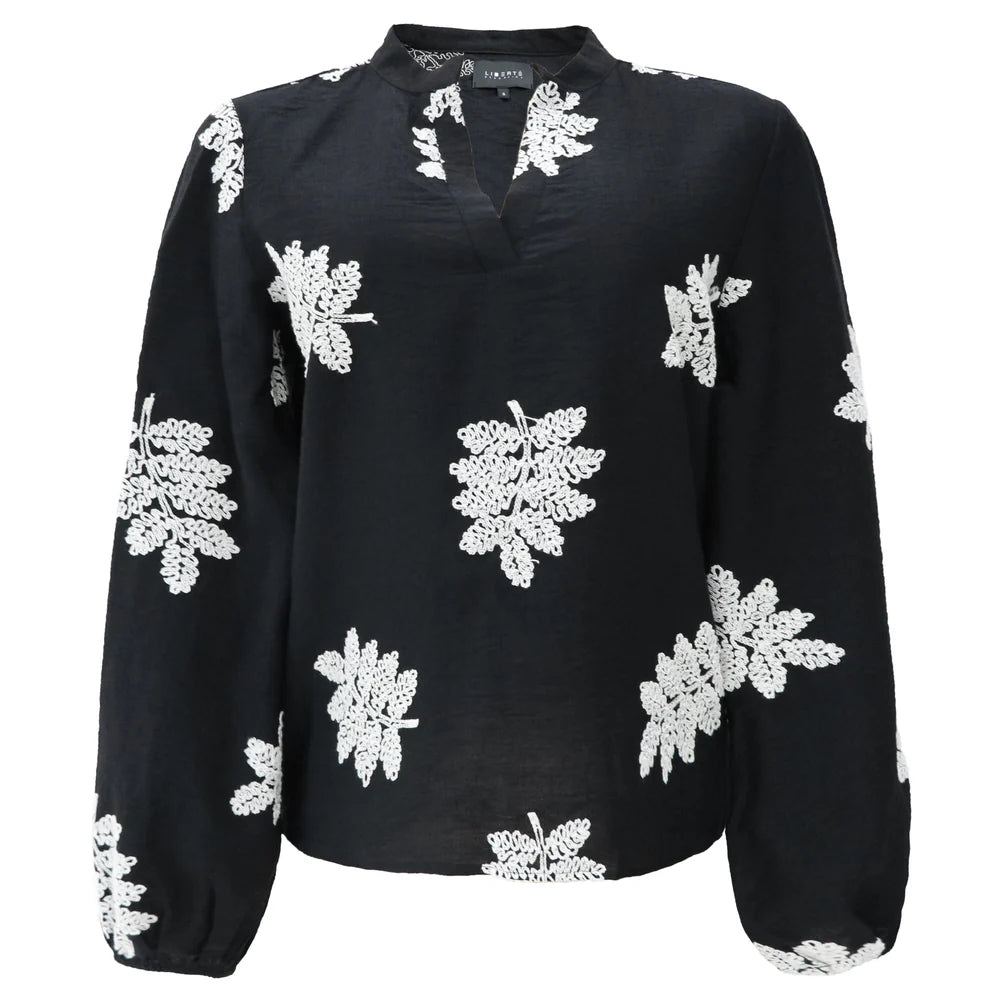 Meg LS vneck blouse, black creme leaf Liberté