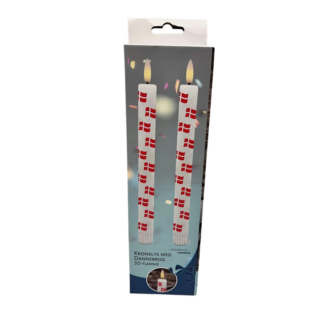 LED kronelys med Dannebrog – 2 stk. – 24,5 cm