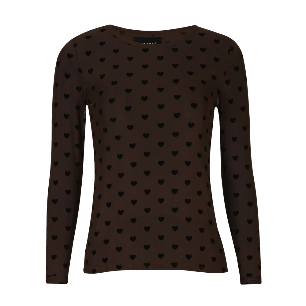 Mesh LS t-shirt, flock, dark brown heart Liberté